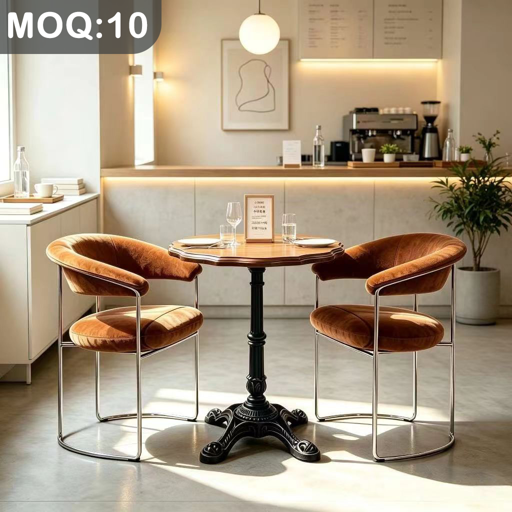 Customization OEM ODM Commercial European Style Round Solid Wood 4-seater Table  up Leather  Metal Chairs Restaurant Dining Set
