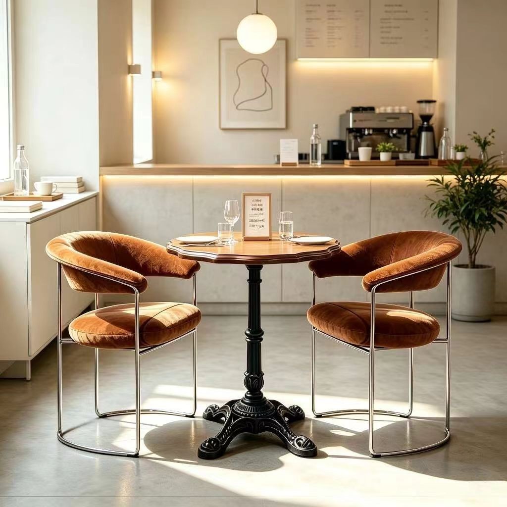 Customization OEM ODM Commercial European Style Round Solid Wood 4-seater Table  up Leather  Metal Chairs Restaurant Dining Set