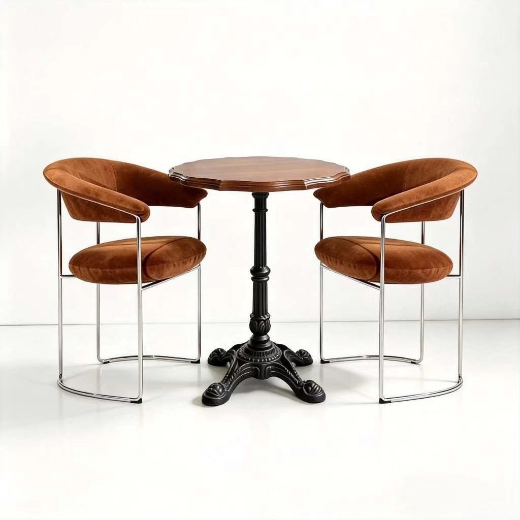 Customization OEM ODM Commercial European Style Round Solid Wood 4-seater Table  up Leather  Metal Chairs Restaurant Dining Set