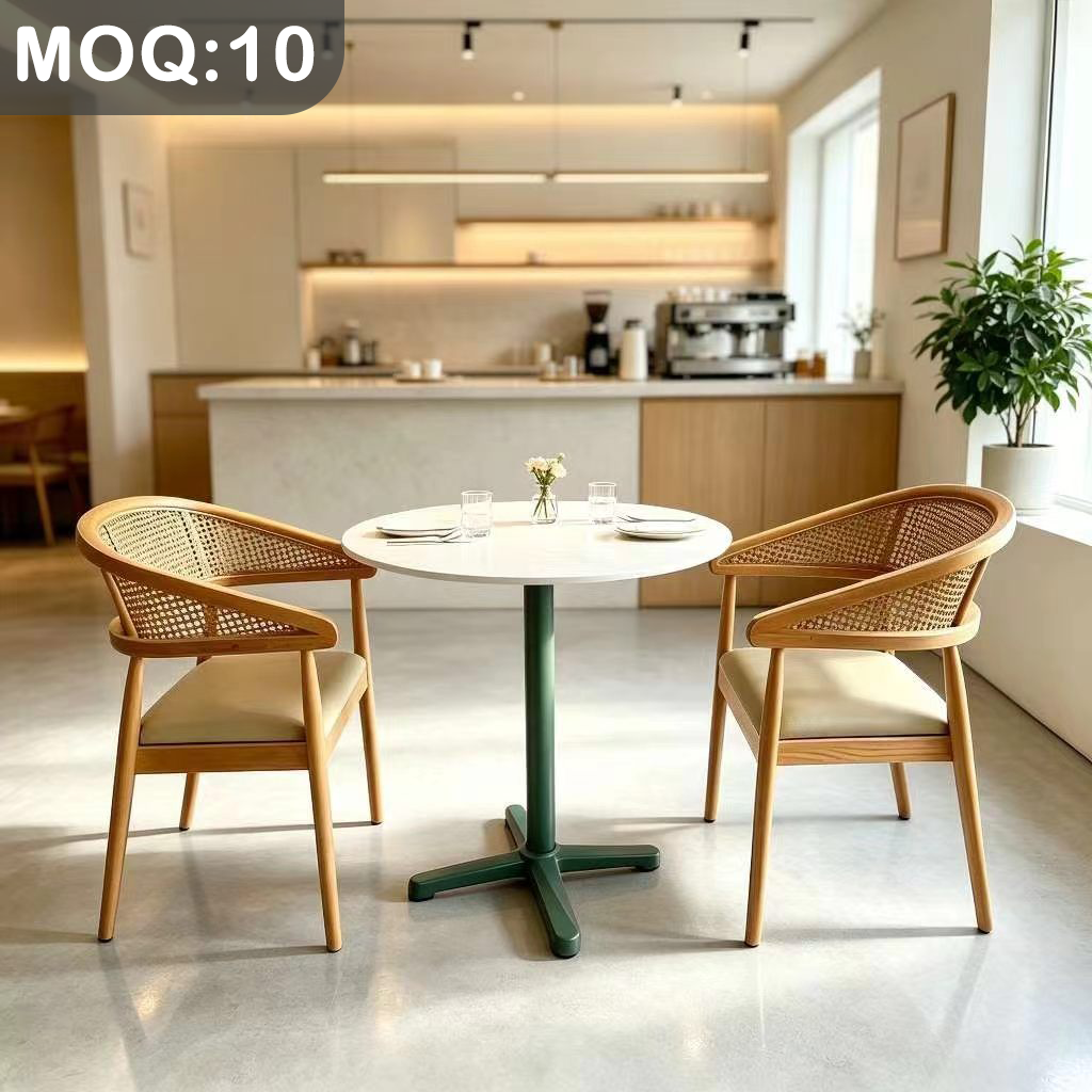 Customization OEM ODM Round Stone Table Leather Solid Wood Rattan Dining Chairs Restaurant Set for Restaurant Bar & Mall
