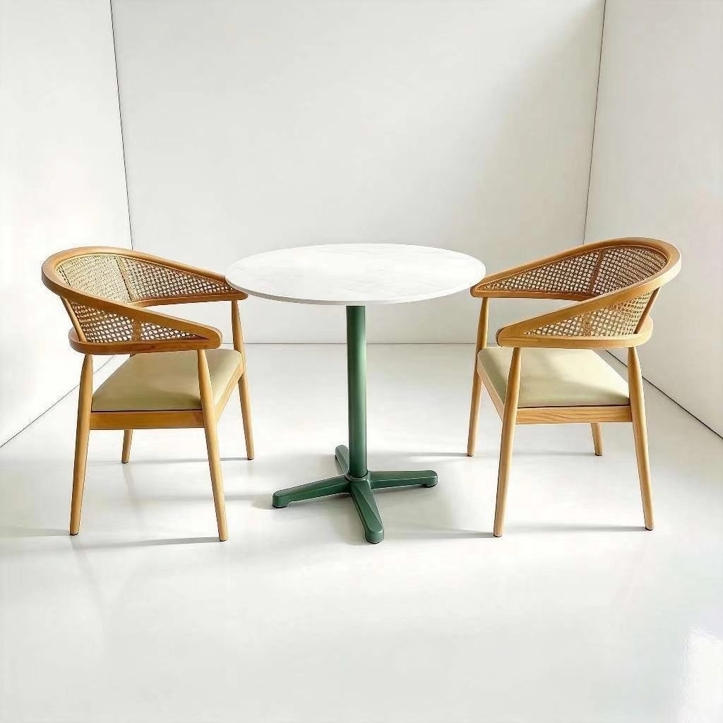 Customization OEM ODM Round Stone Table Leather Solid Wood Rattan Dining Chairs Restaurant Set for Restaurant Bar & Mall