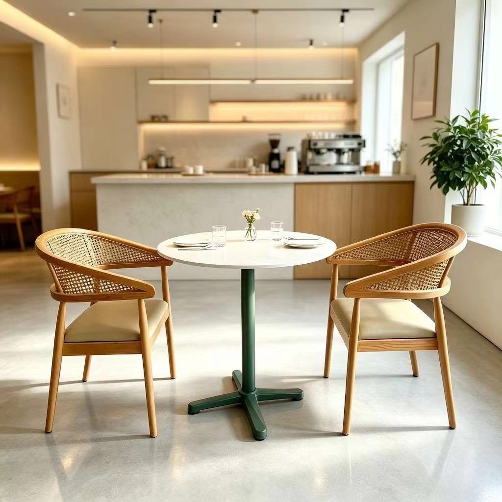 Customization OEM ODM Round Stone Table Leather Solid Wood Rattan Dining Chairs Restaurant Set for Restaurant Bar & Mall