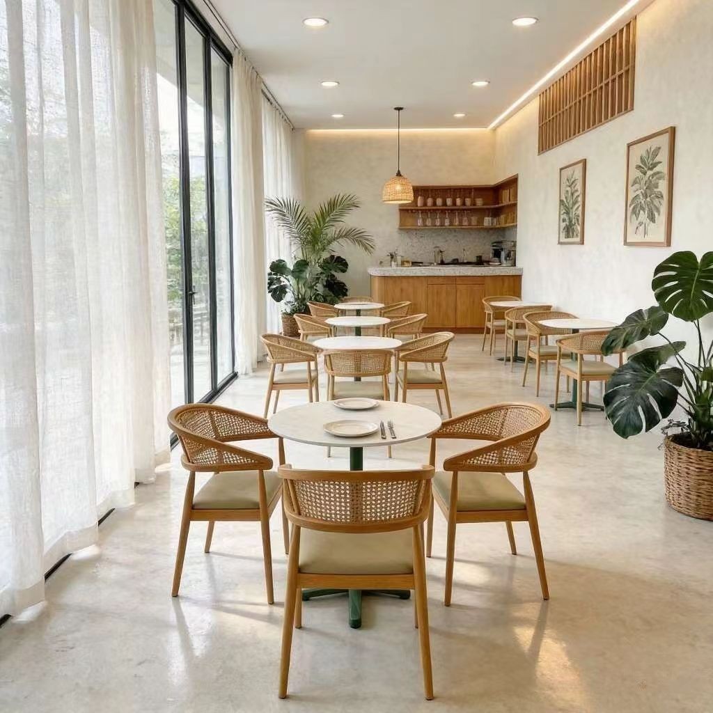 Customization OEM ODM Round Stone Table Leather Solid Wood Rattan Dining Chairs Restaurant Set for Restaurant Bar & Mall