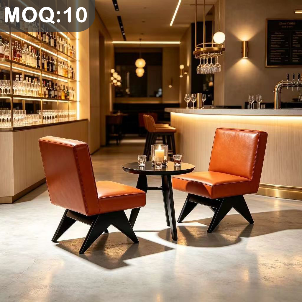 Customization OEM ODM Walnut Round Solid Wood 2 Seats Table Set Chairs  up Leather Upholstered for Bar Restaurant Mall & Hotel