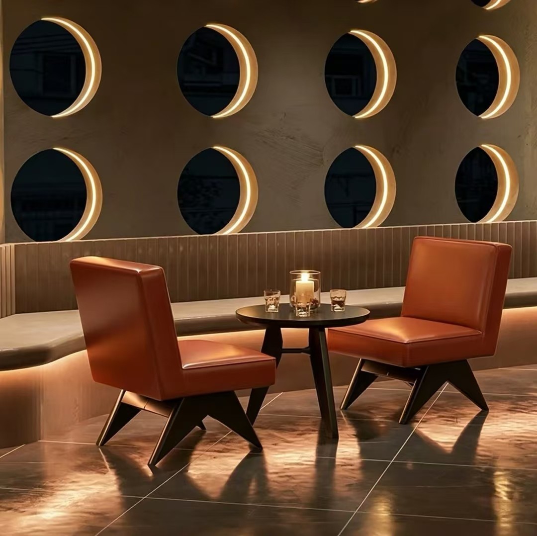 Customization OEM ODM Walnut Round Solid Wood 2 Seats Table Set Chairs  up Leather Upholstered for Bar Restaurant Mall & Hotel
