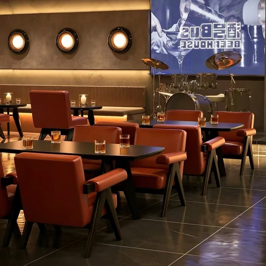 Customization OEM ODM Walnut Round Solid Wood 2 Seats Table Set Chairs  up Leather Upholstered for Bar Restaurant Mall & Hotel