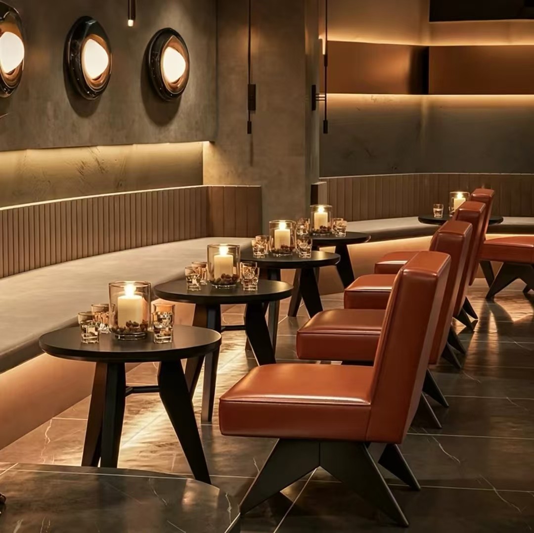 Customization OEM ODM Walnut Round Solid Wood 2 Seats Table Set Chairs  up Leather Upholstered for Bar Restaurant Mall & Hotel